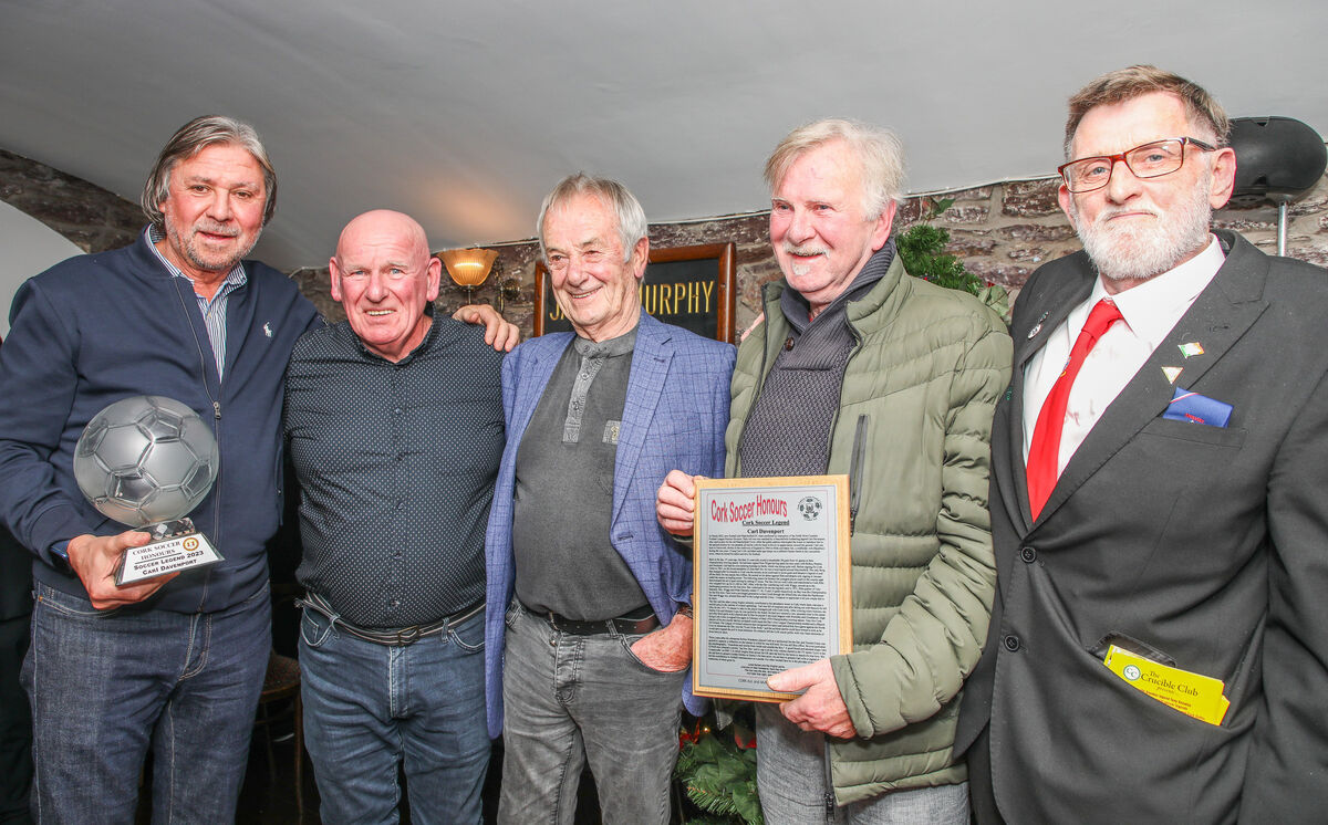 Carl Davenport with friends after receiving his award at the AUL Legend Awards night that was held in The Kiln at Heineken, Cork.- Picture: David Creedon Carl Davenport with friends after receiving his award at the AUL Legend Awards night that was held in The Kiln at Heineken, Cork.- Picture: David Creedon