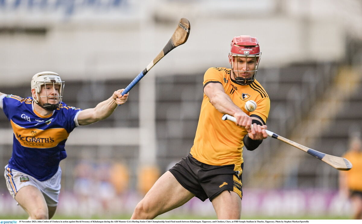 John Conlon of Clonlara in action against David Sweeney of Kiladangan at FBD Semple Stadium. Picture: Stephen Marken/Sportsfile