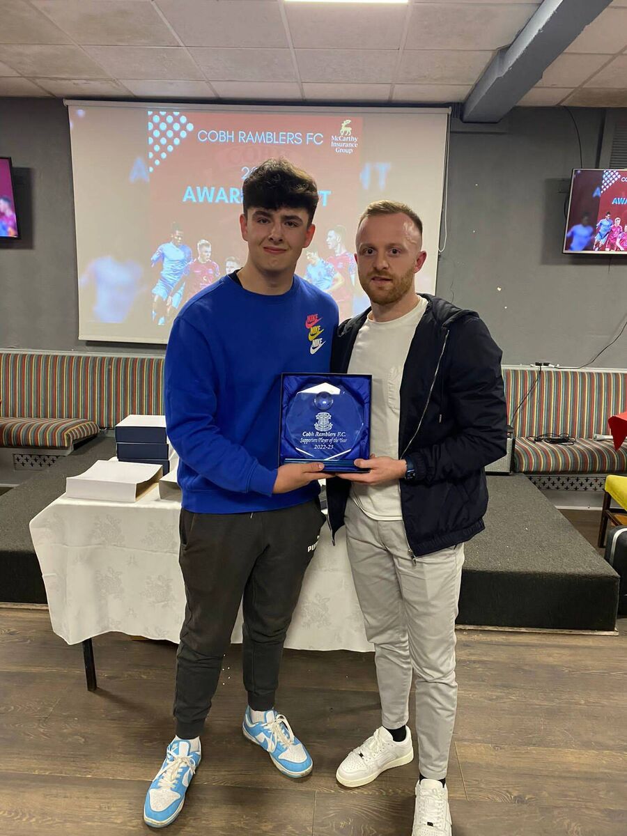Cobh Ramblers' fan Sean Byrne presents Jack Doherty with his Supporter's Player of the Year award. Cobh Ramblers' fan Sean Byrne presents Jack Doherty with his Supporter's Player of the Year award.