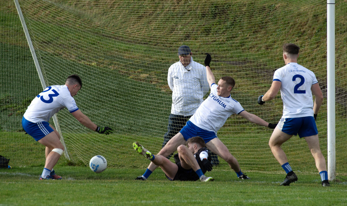 Finén Ó Faoláin and Tadhg Ó Corcora of Cill Na Martra make a dramatic save on the line after a shot by Éanna O'Connor, Miltown during their AIB Munster GAA Club Intermediate football championship match at Cill na Martra, Co Cork. Picture Dan Linehan