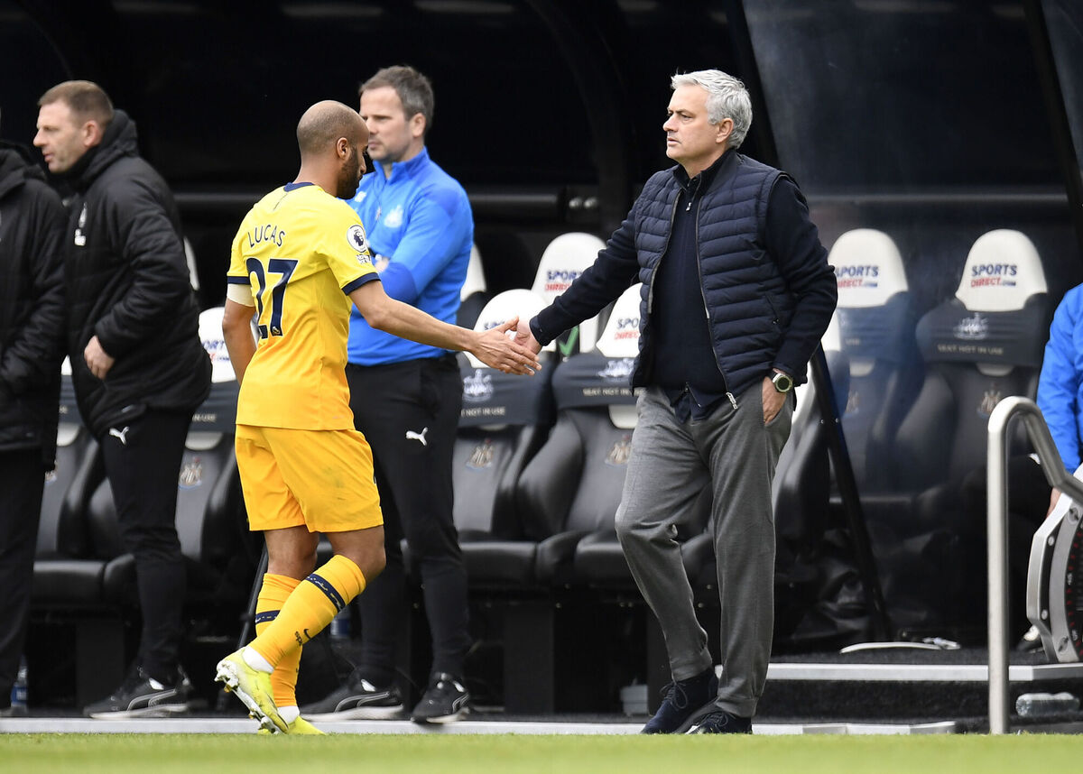 Tottenham's Lucas Moura walks by manager Jose Mourinho as he is subbed during a Premier League match in 2021. Picture: Peter Powell/PA Wire. Tottenham's Lucas Moura walks by manager Jose Mourinho as he is subbed during a Premier League match in 2021. Picture: Peter Powell/PA Wire.