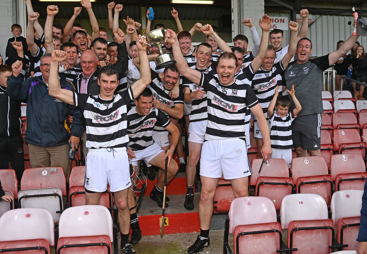 St Oliver Plunkett's joint captains Eddie O'Driscoll and Conor McCarthy raise the trophy after defeating Ballyclough to win the county confined JBHC. Picture: Eddie O'Hare St Oliver Plunkett's joint captains Eddie O'Driscoll and Conor McCarthy raise the trophy after defeating Ballyclough to win the county confined JBHC. Picture: Eddie O'Hare