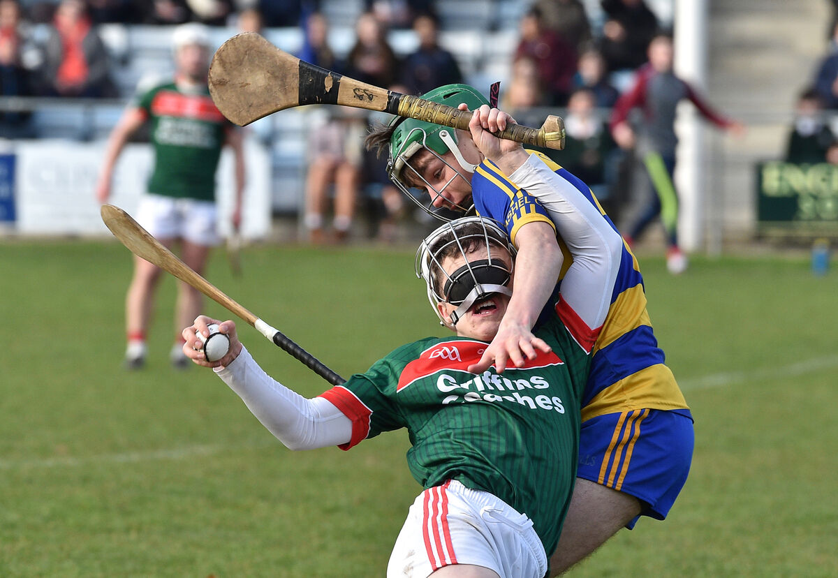  Jack Dalton, Cashel CS, looking to stop the breaking Gareth Gleeson, Charleville CBS, in their Harty Cup preliminary quarter-final match in Bansha, County Tipperary. Picture: Dan Linehan
