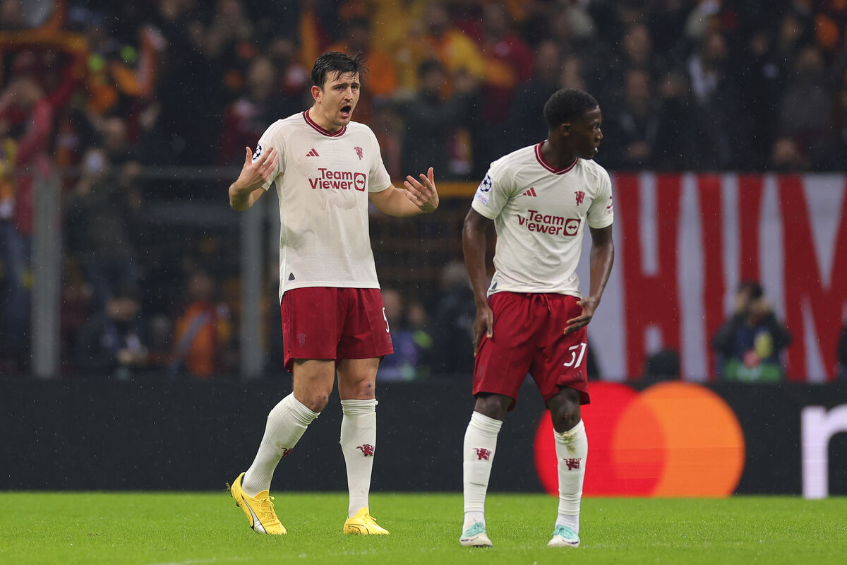 Manchester United's Harry Maguire, left, reacts after Galatasaray's Kerem Akturkoglu scored his side's third goal during the Champions League group A soccer match in Istanbul, Turkey, Picture: AP Photo