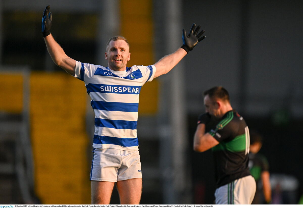 Michael Hurley of Castlehaven celebrates after kicking a late point during the Premier SFC against Nemo Rangers at Páirc Uí Chaoimh. Picture: Brendan Moran/Sportsfile Michael Hurley of Castlehaven celebrates after kicking a late point during the Premier SFC against Nemo Rangers at Páirc Uí Chaoimh. Picture: Brendan Moran/Sportsfile