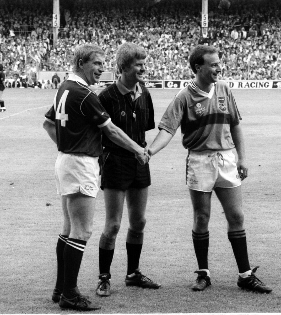 Cork captain Dinny Allen with referee Paddy Collins and Mayo skipper Jimmy Browne before the 1989 All-Ireland SFC final at Croke Park.
