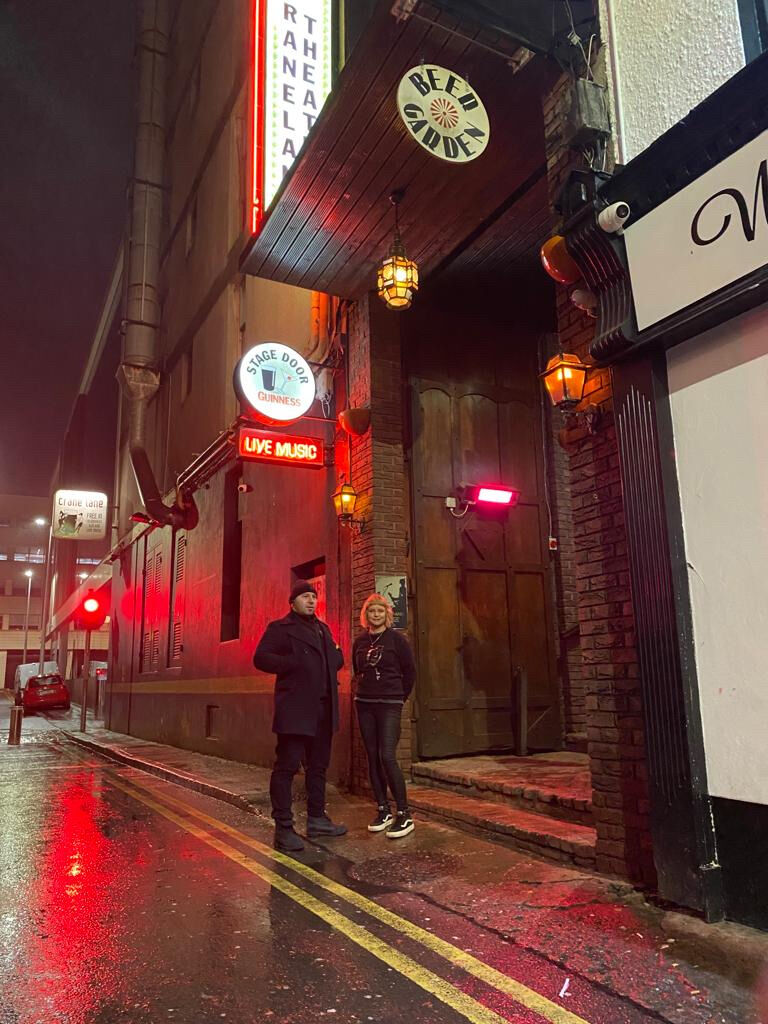 Who’s inside! Security staff and event booker Kate O’Shea outside The Crane Lane Theatre, in Cork, which will host ‘The Secret Headliner’, on December 7.