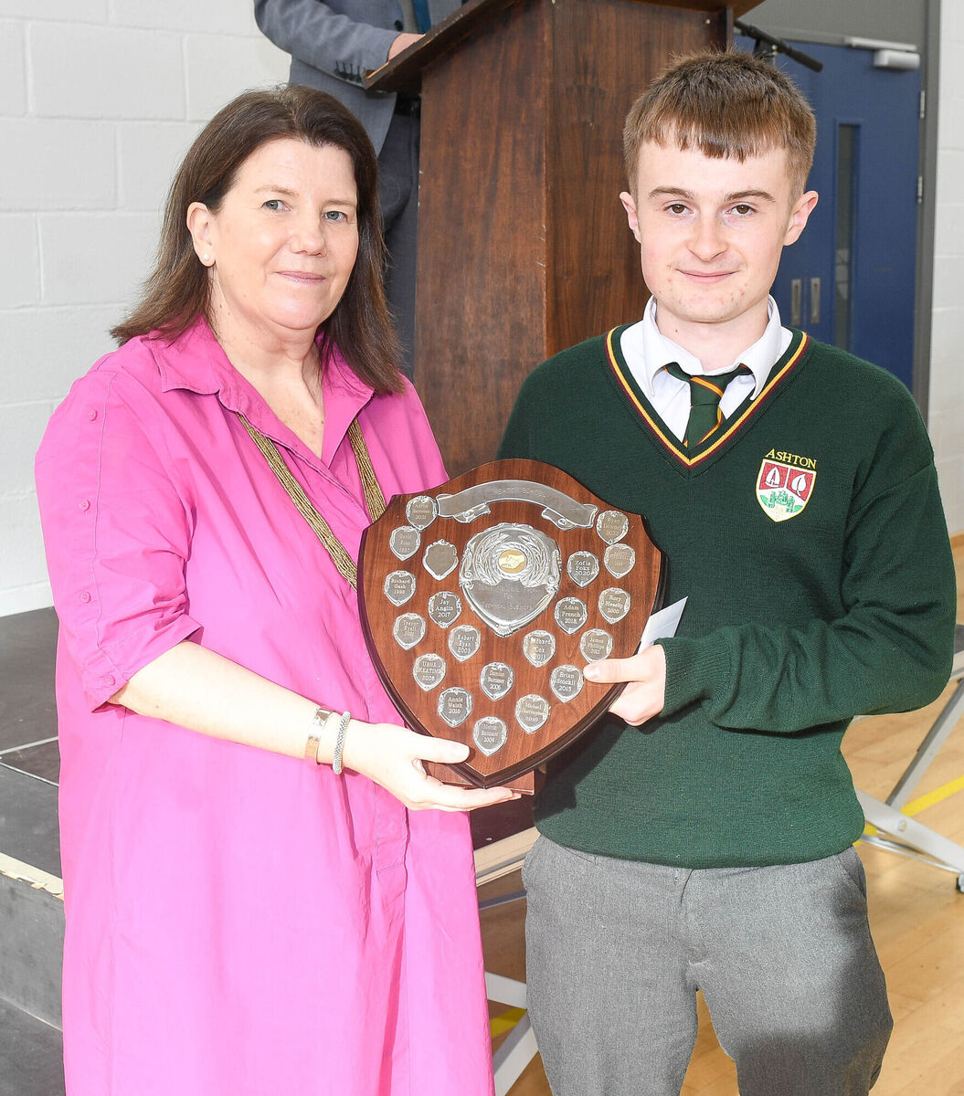 Dylan Bryan receiving his award from deputy principal Anne Marie Hewison. Picture: David Keane. Dylan Bryan receiving his award from deputy principal Anne Marie Hewison. Picture: David Keane.