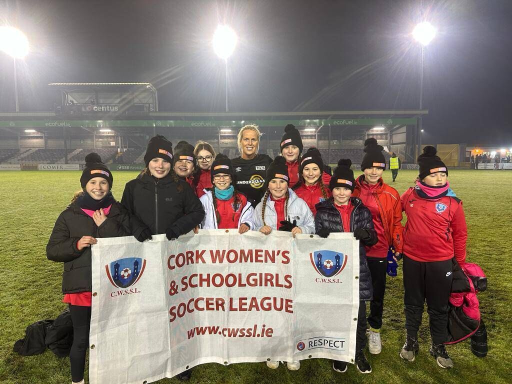 Barbara O'Connell with the Cork U12 girls team who were in Eamonn Deacy Park to support The Underdogs against Galway United.