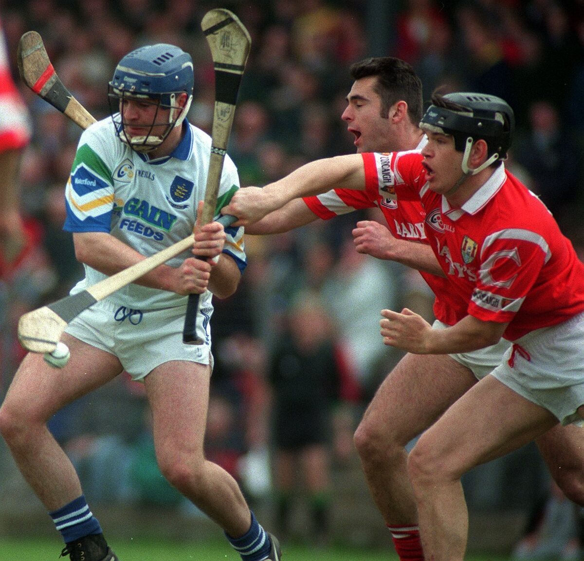 Cork's Ger Manley and Ronan Dwane attempt to block down Waterford player James O'Connor at Páirc Uí Rinn in 1997. Picture: Dan Linehan Cork's Ger Manley and Ronan Dwane attempt to block down Waterford player James O'Connor at Páirc Uí Rinn in 1997. Picture: Dan Linehan