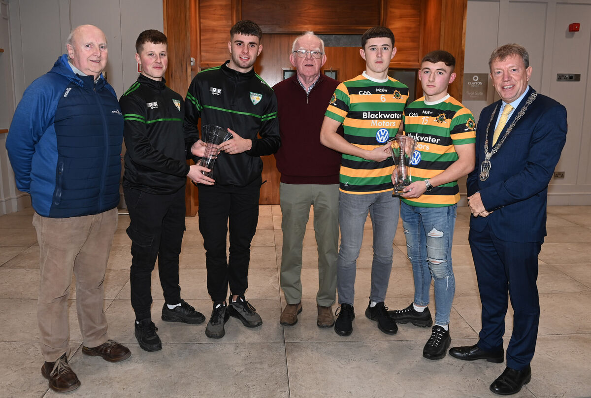 Kevin Cummins, Cummins Sports, with Martin O'Brien, Rebel Óg, Killeagh's Conor Burns and Ben Walsh, Glen Rovers' Conor McCarthy and Scott Lawler and Cllr Tony Fitzgerald, deputising for the Lord Mayor. Picture: Eddie O'Hare