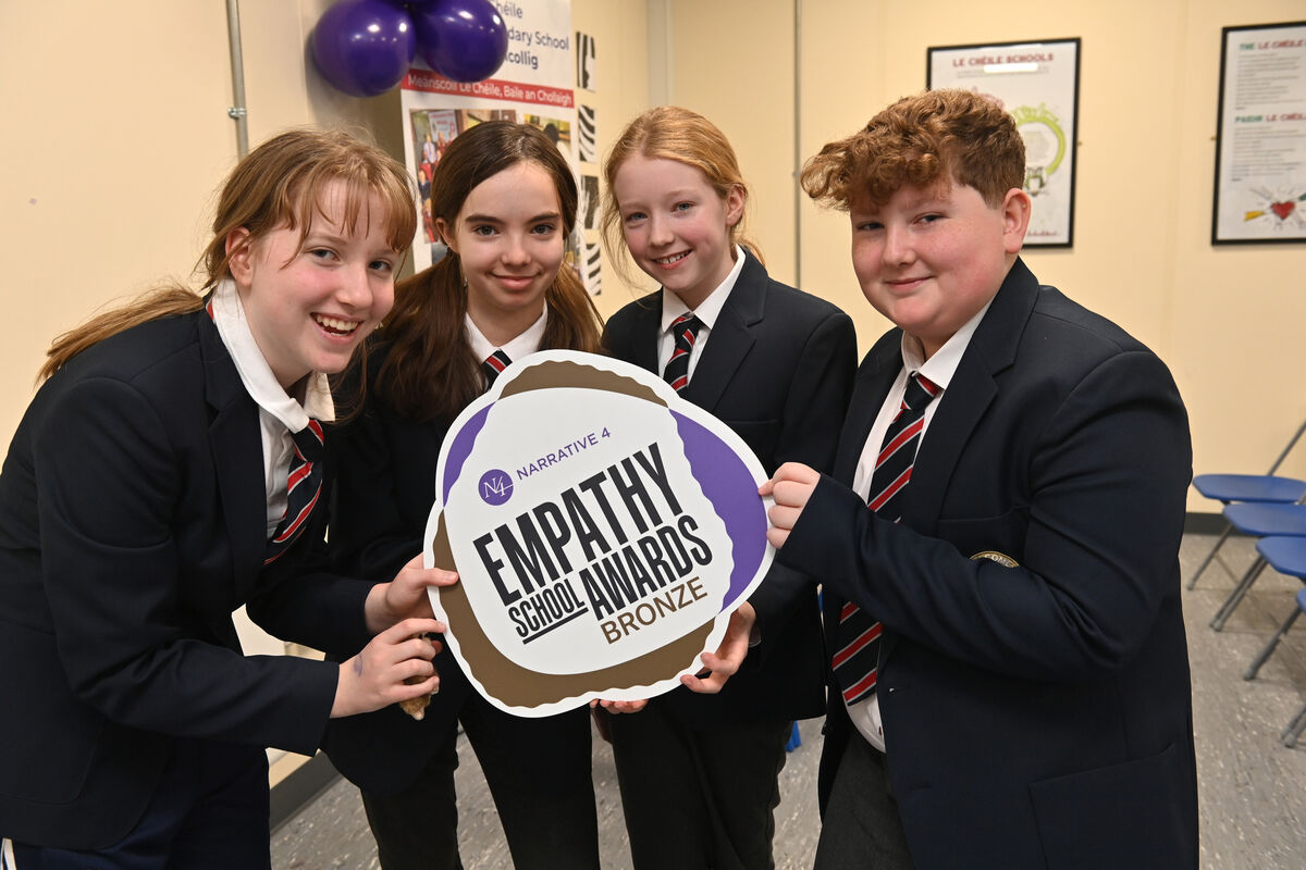 First year pupils Aisling Brady, Pilar Deasy-Ruboi, Grace Delaney and David Bentley who were awarded the ‘Narrative 4’ empathy award at Le Chéile Secondary School in Ballincollig, Cork. Picture: Dan Linehan First year pupils Aisling Brady, Pilar Deasy-Ruboi, Grace Delaney and David Bentley who were awarded the ‘Narrative 4’ empathy award at Le Chéile Secondary School in Ballincollig, Cork. Picture: Dan Linehan