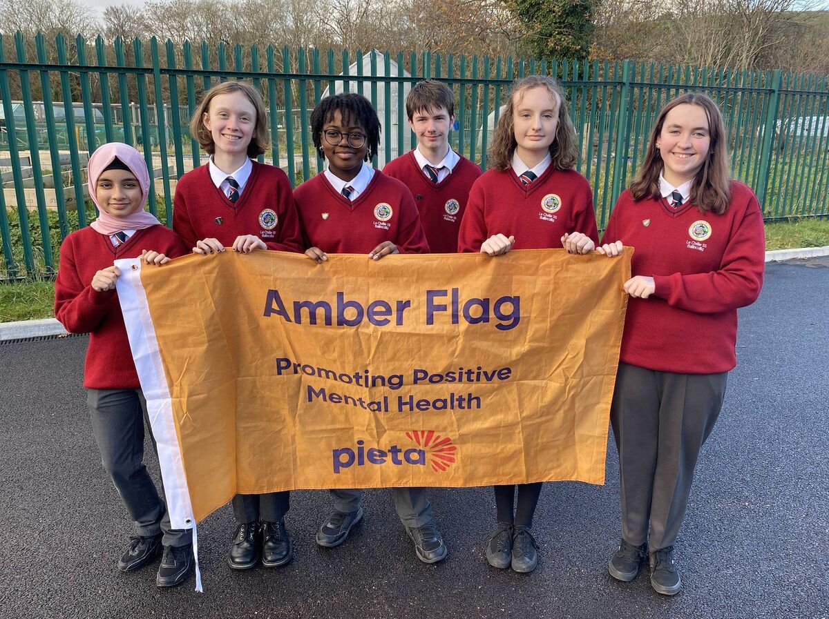 Le Chéile Secondary School Ballincollig was awarded the Amber Flag at the end of the previous academic year for promoting positive mental health. Pictured (l-r) are students: Falak, Nina, Jewel, Alex, Emily and Katelynn. Le Chéile Secondary School Ballincollig was awarded the Amber Flag at the end of the previous academic year for promoting positive mental health. Pictured (l-r) are students: Falak, Nina, Jewel, Alex, Emily and Katelynn.