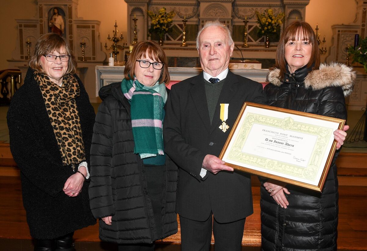 John Ahern from Ballinlough, after receiving his Benemerenti Medal at a mass in the South Church, Dunbar Street, along with family members, from left, Colette Murphy, Fionnuala Crean and Marie Russell. Picture: David Keane. John Ahern from Ballinlough, after receiving his Benemerenti Medal at a mass in the South Church, Dunbar Street, along with family members, from left, Colette Murphy, Fionnuala Crean and Marie Russell. Picture: David Keane.