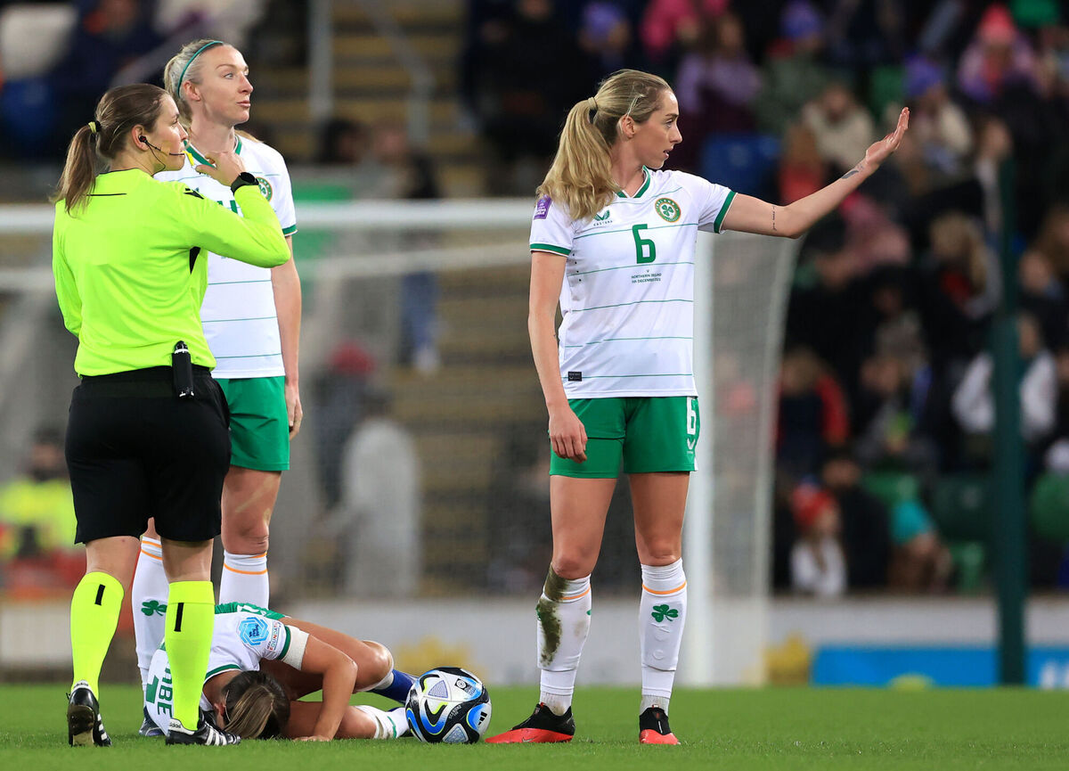 Republic of Ireland's Megan Connolly beckons the physiotherapist during the UEFA Women's Nations League Group B1 match at Windsor Park, Belfast. Republic of Ireland's Megan Connolly beckons the physiotherapist during the UEFA Women's Nations League Group B1 match at Windsor Park, Belfast.