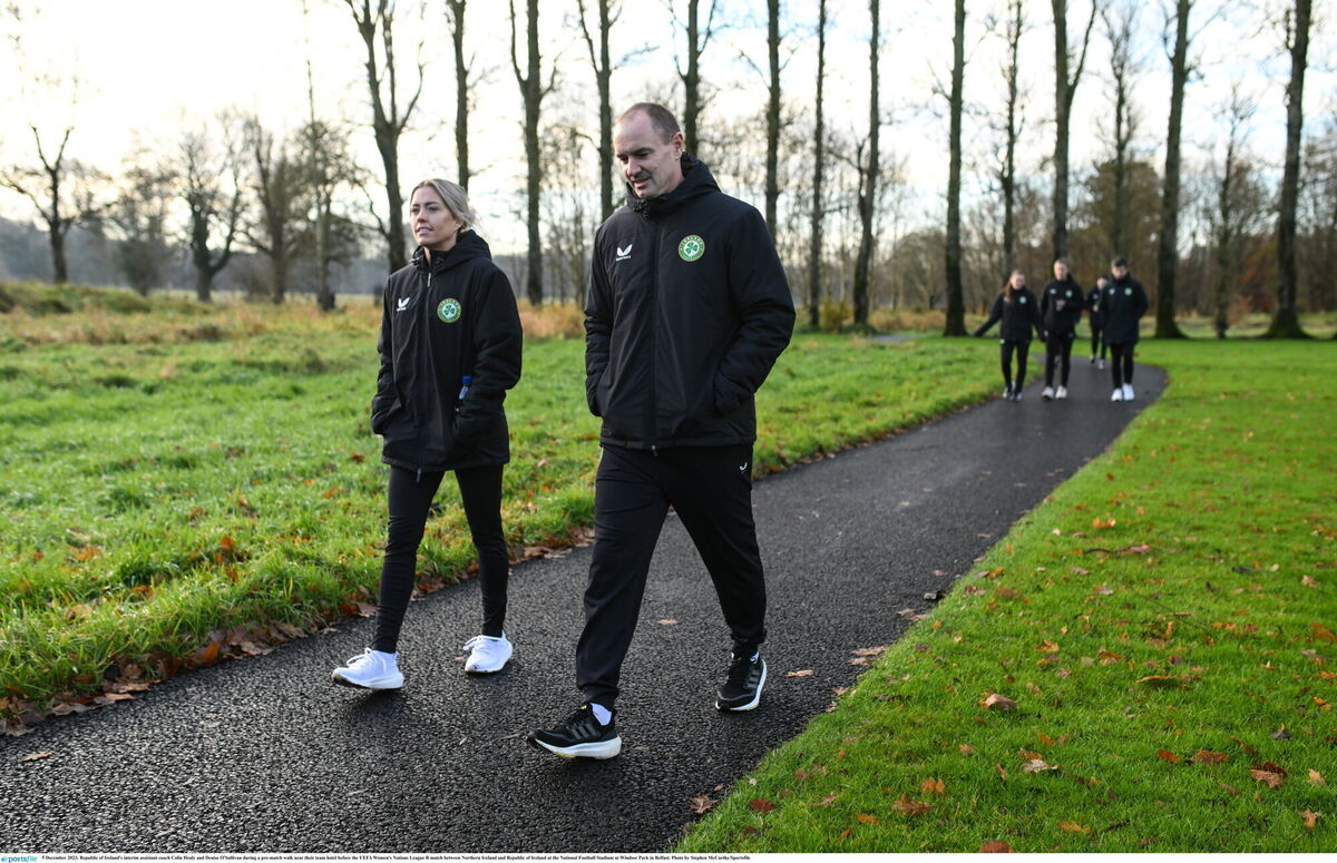 Republic of Ireland's interim assistant coach Colin Healy and Denise O'Sullivan during a pre-match walk near their team hotel before the UEFA Women's Nations League B match between Northern Ireland and Republic of Ireland at the National Football Stadium at Windsor Park in Belfast. Photo by Stephen McCarthy/Sportsfile Republic of Ireland's interim assistant coach Colin Healy and Denise O'Sullivan during a pre-match walk near their team hotel before the UEFA Women's Nations League B match between Northern Ireland and Republic of Ireland at the National Football Stadium at Windsor Park in Belfast. Photo by Stephen McCarthy/Sportsfile