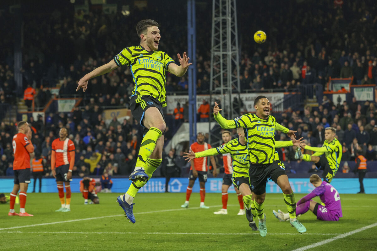 Arsenal's Declan Rice celebrates after scoring his side's fourth goal during the English Premier League soccer match against Luton at Kenilworth Road, on  Tuesday. Picture: AP Photo/Ian Walton