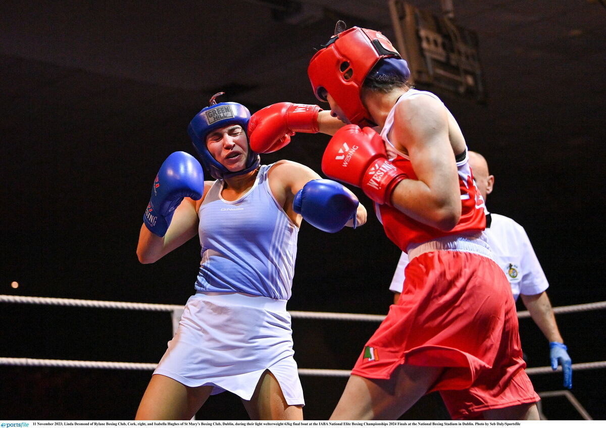 Linda Desmond of Rylane Boxing Club, right, and Isabella Hughes of St Mary's Boxing Club, in action last month. Picture: Seb Daly/Sportsfile