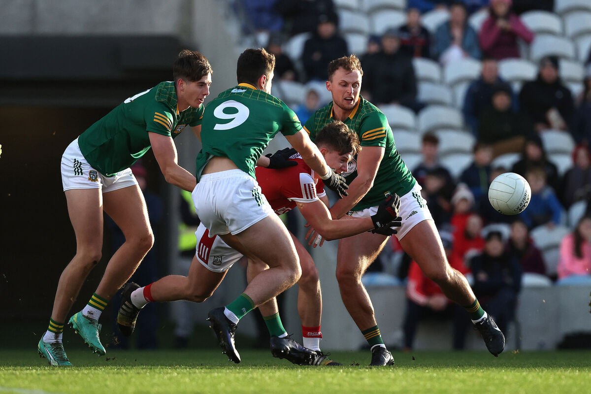 Cork's Paul Walsh is tackled by Daithi McGowan, Jack Kinlough and Ronan Jones of Meath during the Teddy McCarthy tribute game at Páirc Uí Chaoimh. Picture: INPHO/Bryan Keane Cork's Paul Walsh is tackled by Daithi McGowan, Jack Kinlough and Ronan Jones of Meath during the Teddy McCarthy tribute game at Páirc Uí Chaoimh. Picture: INPHO/Bryan Keane