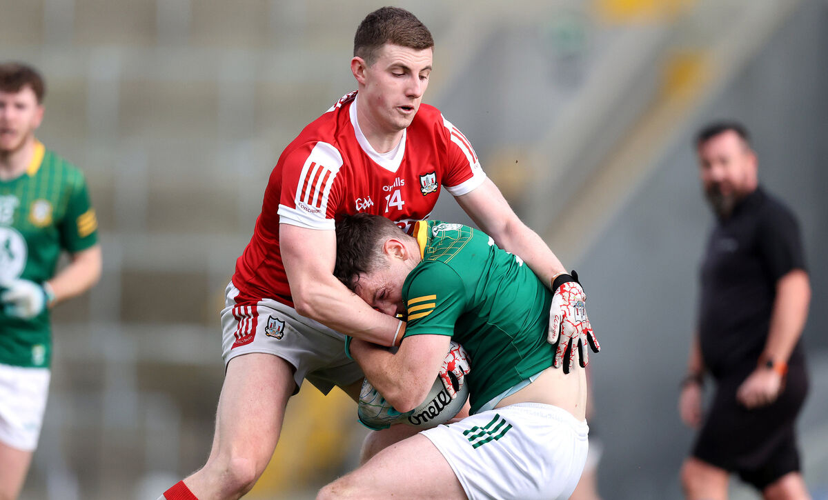 Cork's Conor Corbett tackles Michael Flood of Meath in the Teddy McCarthy tribute game at Páirc Uí Chaoimh. Picture: INPHO/Bryan Keane Cork's Conor Corbett tackles Michael Flood of Meath in the Teddy McCarthy tribute game at Páirc Uí Chaoimh. Picture: INPHO/Bryan Keane