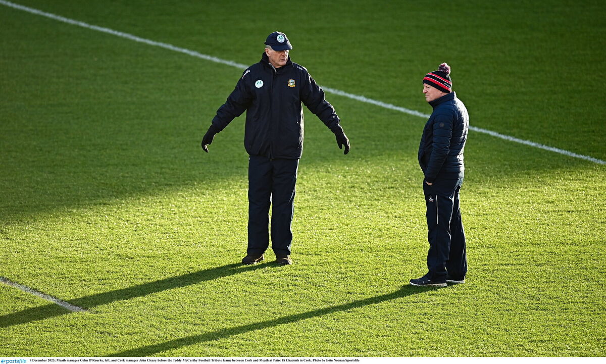 Meath manager Colm O'Rourke and Cork manager John Cleary before the Teddy McCarthy tribute game at Páirc Uí Chaoimh. Picture: Eóin Noonan/Sportsfile Meath manager Colm O'Rourke and Cork manager John Cleary before the Teddy McCarthy tribute game at Páirc Uí Chaoimh. Picture: Eóin Noonan/Sportsfile