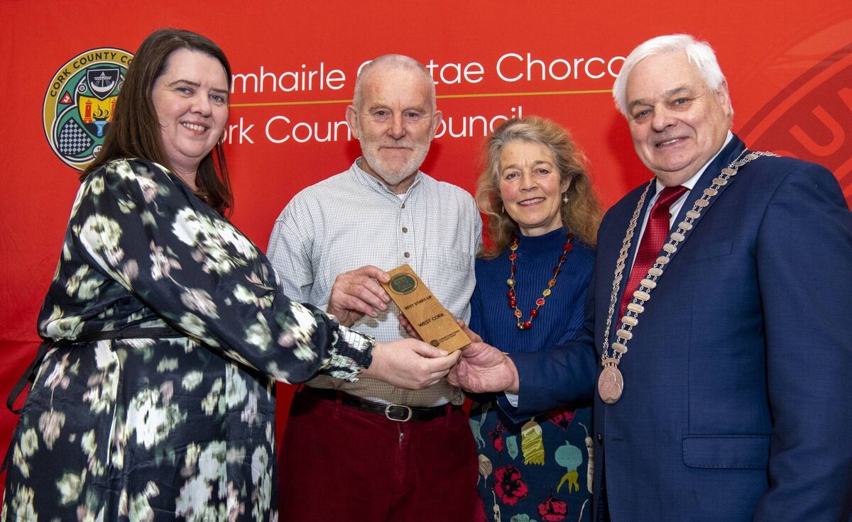 FREE PIC - NO REPRO FEE - December 13, 2023 West Cork’s leading businesses have been recognised at Cork County Council’s ‘Best in Cork’ Divisional Awards at the Celtic Ross Hotel, Rosscarbery. The Mayor of the County of Cork, Cllr. Frank O'Flynn presenting the award for Best Start-up Business to John and Sara Devoy, representing their son Oisin of Simple Study. Pic: Brian Lougheed