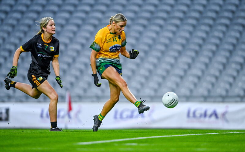 Orlaith Roche of Glanmire shoots to score her side's third goal against Ballinamore-Seán O'Heslin's. Picture: Tyler Miller/Sportsfile