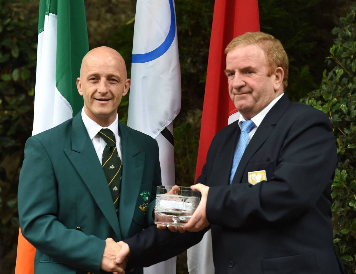 The Cork Olympic Centerary Celebration (1914-2014) at Bishop Lucey park, organised by Cork Ex Boxers Association. /Olympian Paul Buttimer (Barcelona 1992) receives a presentation from JJ Murphy, Chairman, Cork Ex Boxers Association. /Pic; Larry Cummins, /Evening Echo staff /NUJ Photographer, Member of the Press Photographers' Association of Ireland. /www.eveningecho.ie