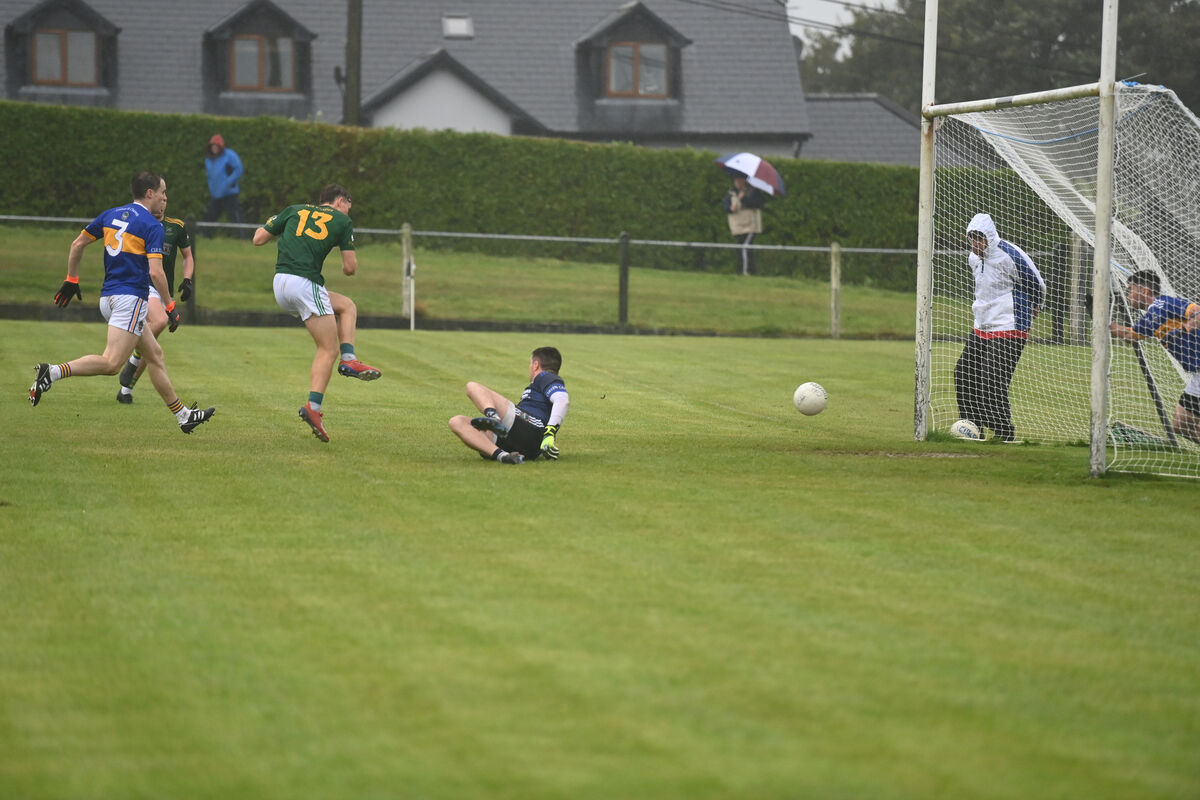  Cullen goalkeeper Fachtna O'Connor could not keep out the second shot by goalscorer Diarmuid Kearney, Cobh in the Bon Secours Cork Premier Junior Football Quarter final in 2023. Picture: Larry Cummins
