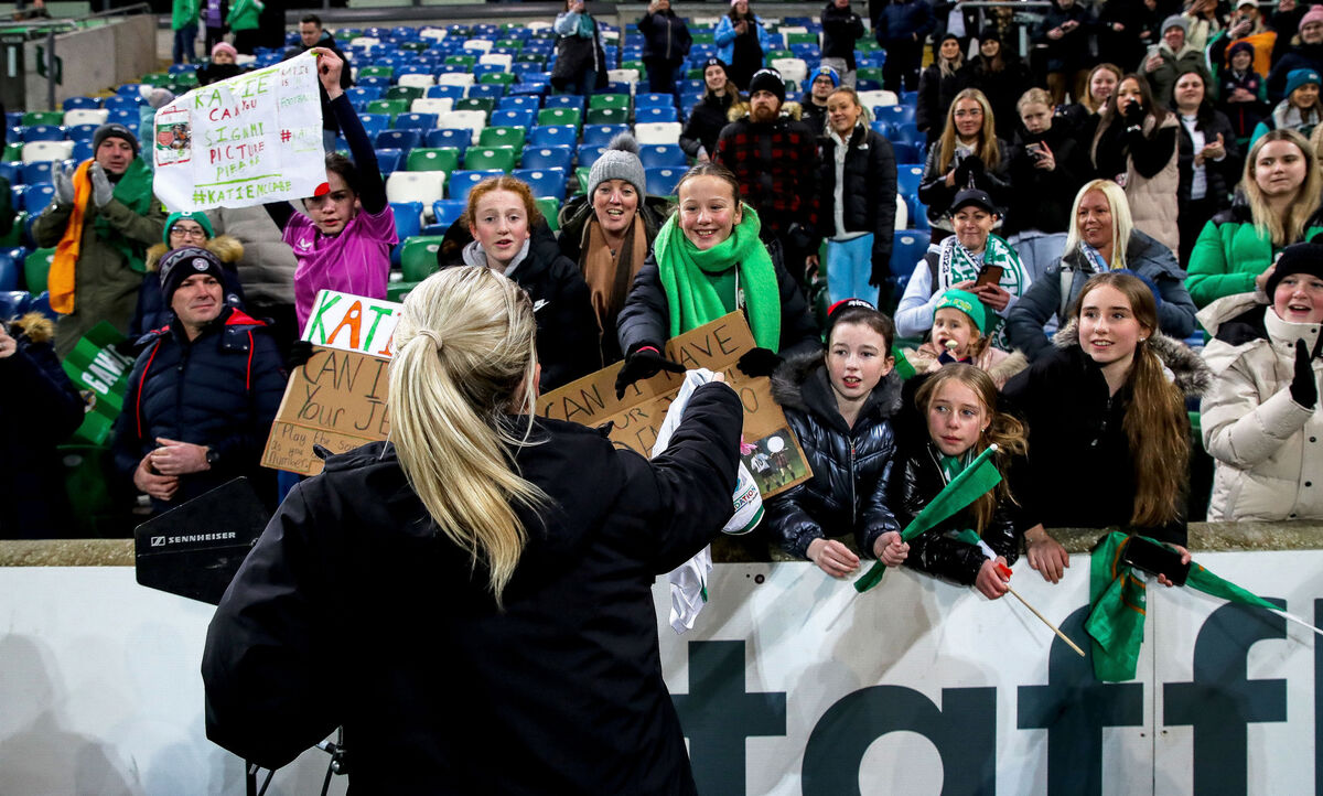 Ireland’s Denise O'Sullivan gives her jersey to a supporter after the Northern Ireland win. Picture: INPHO/Ryan Byrne