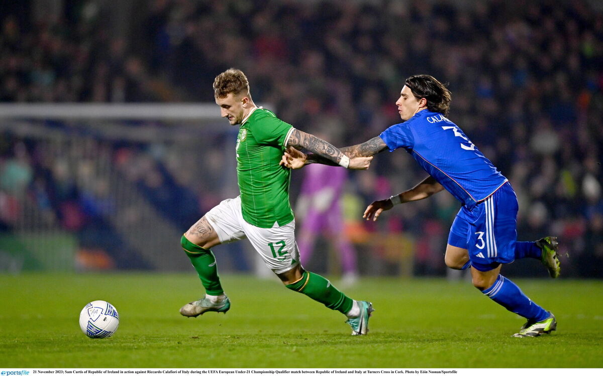 Sam Curtis of Republic of Ireland in action against Riccardo Calafiori of Italy at Turner's Cross. Picture: Eóin Noonan/Sportsfile