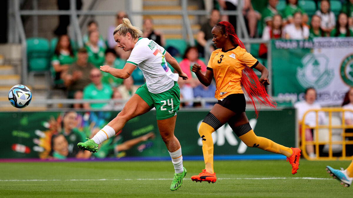Ireland’s Saoirse Noonan and Mweemba Lushomo of Zambia. Picture: INPHO/Ryan Byrne Ireland’s Saoirse Noonan and Mweemba Lushomo of Zambia. Picture: INPHO/Ryan Byrne