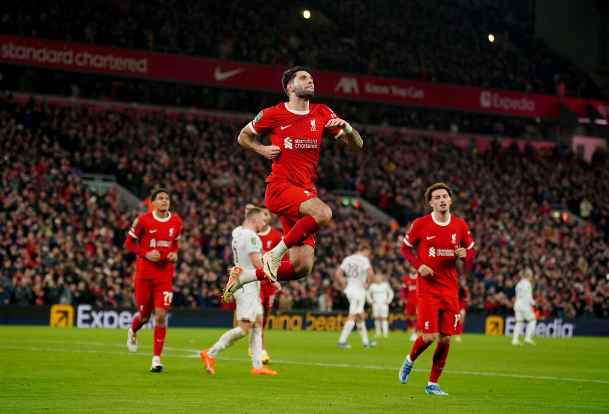 Liverpool's Dominik Szoboszlai celebrates scoring the opening goal during the Carabao Cup quarter final match at Anfield, Liverpool. Picture: Peter Byrne/PA Wire Liverpool's Dominik Szoboszlai celebrates scoring the opening goal during the Carabao Cup quarter final match at Anfield, Liverpool. Picture: Peter Byrne/PA Wire