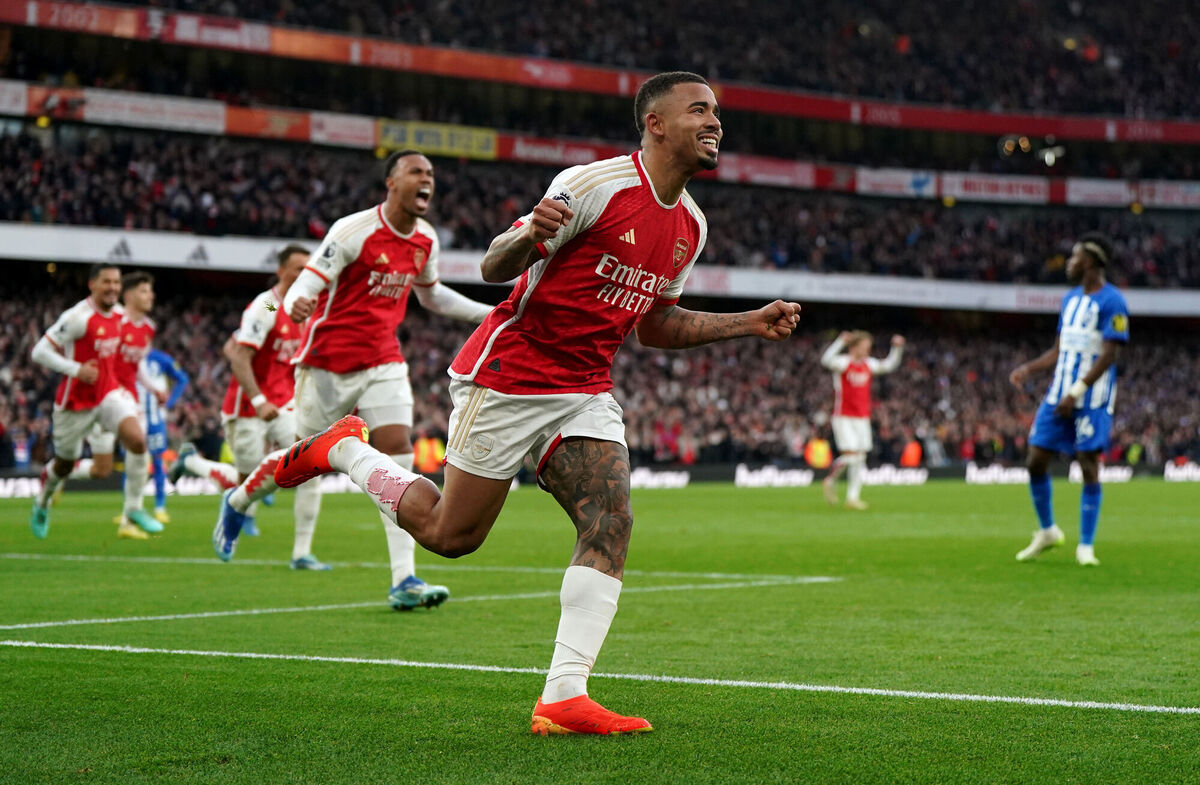 Arsenal's Gabriel Jesus celebrates scoring their side's first goal of the game during the Premier League match at the Emirates Stadium, London. Picture: Nick Potts/PA Wire Arsenal's Gabriel Jesus celebrates scoring their side's first goal of the game during the Premier League match at the Emirates Stadium, London. Picture: Nick Potts/PA Wire