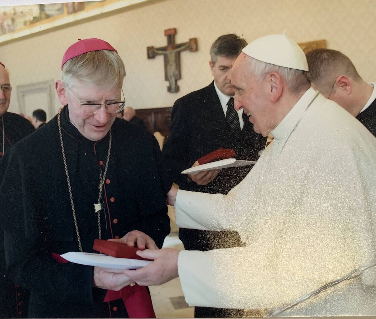 Bishop Buckley receiving a presentation from Pope Francis when he met the pontiff. Bishop Buckley receiving a presentation from Pope Francis when he met the pontiff.
