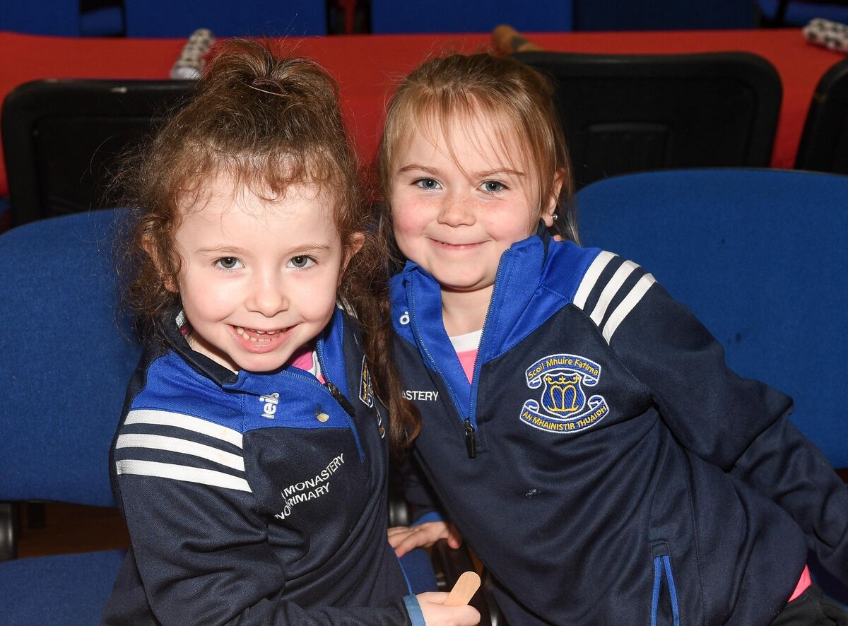  Cousins Katie Peyton and Lottie Maher, having fun at the North Mon primary school Christmas Dinner. Picture: David Keane.