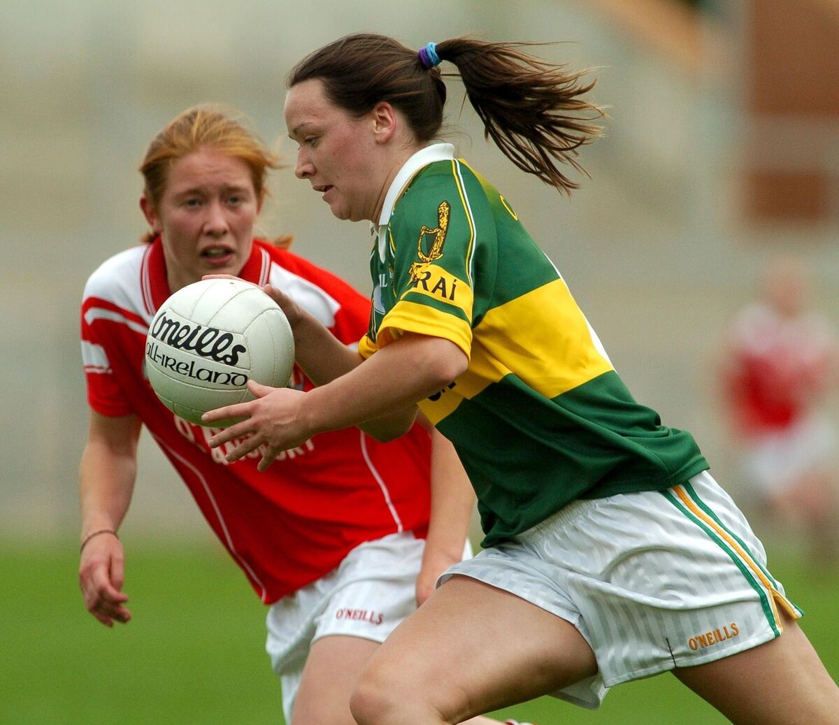 Kerry's Caroline Kelly taking on Cork's Rena Buckley during the 2004 Munster final. Picture: Richard Mills. Kerry's Caroline Kelly taking on Cork's Rena Buckley during the 2004 Munster final. Picture: Richard Mills.