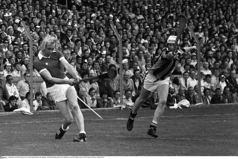 Cork hurler John Horgan clears the sliotar from Brian Cody, Kilkenny, in the 1978 All-Ireland hurling final at Croke Park. Picture: Connolly Collection/SPORTSFILE 