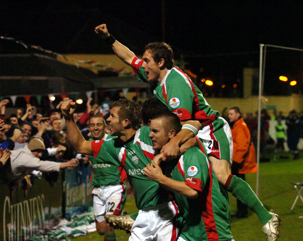 Cork City's Liam Kearney celebrates his goal with another goalscorer John O'Flynn and Joe Gamble against Derry City. Picture: Eddie O'Hare