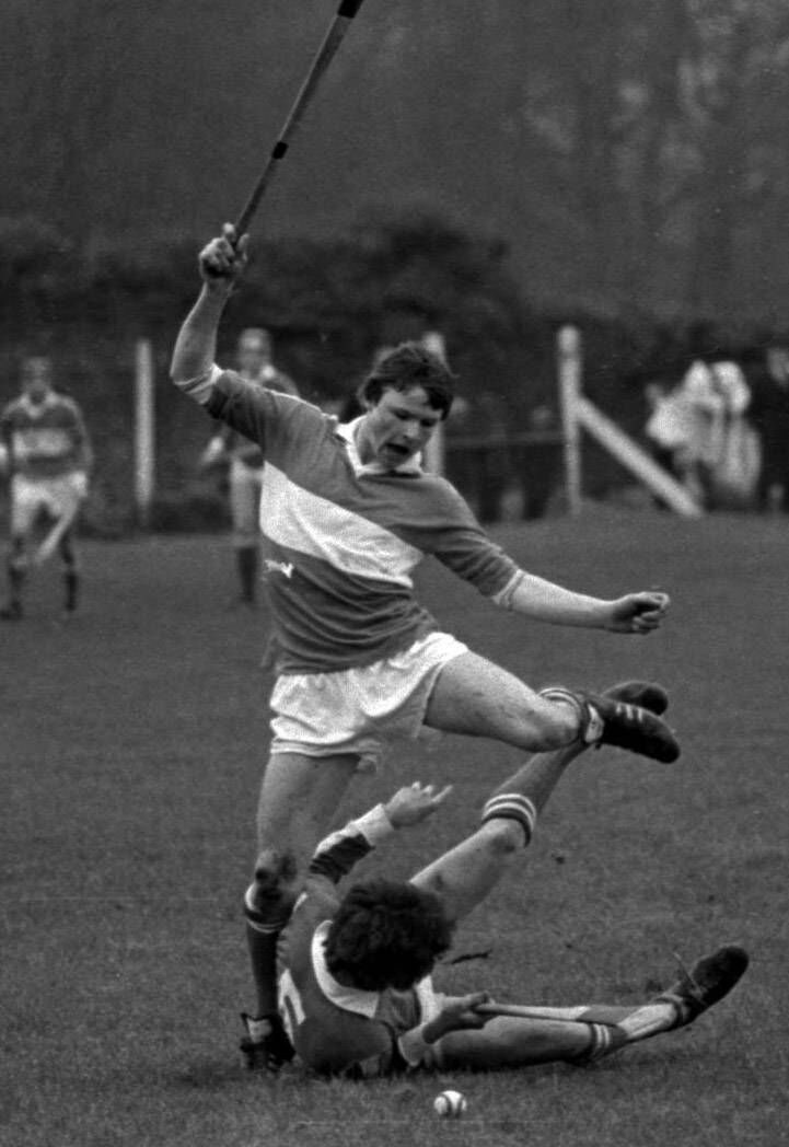 North Monastery wing-forward Teddy McCarthy jumping over St Colman's Christy Twomey in the 1981 Dr Harty Cup semi-final at Buttevant. North Monastery wing-forward Teddy McCarthy jumping over St Colman's Christy Twomey in the 1981 Dr Harty Cup semi-final at Buttevant.
