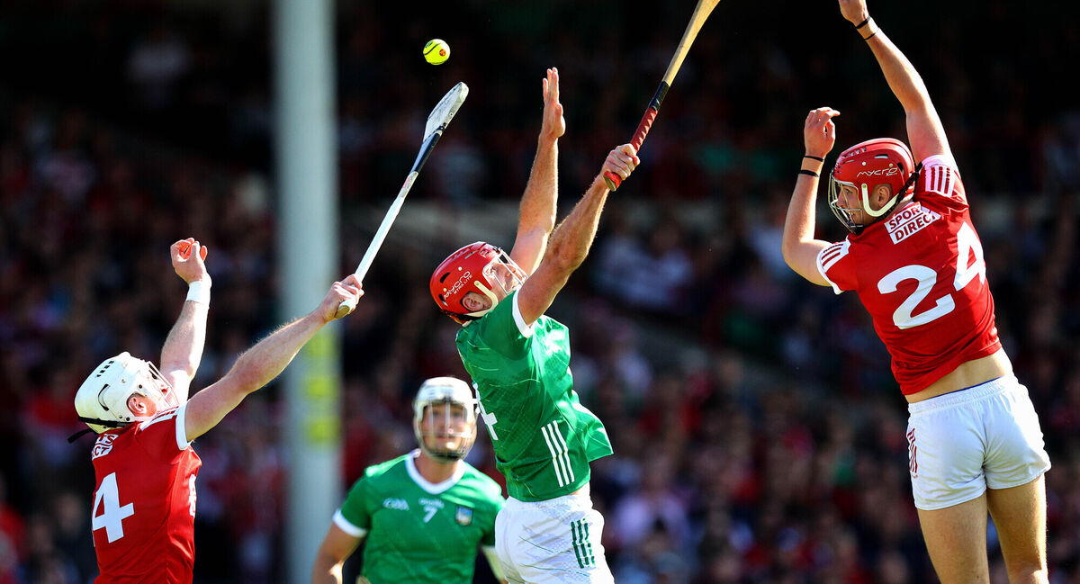 INCHES: Limerick’s Barry Nash with Patrick Horgan and Brian Hayes of Cork during their classic clash in 2023. Picture: INPHO/Ryan Byrne