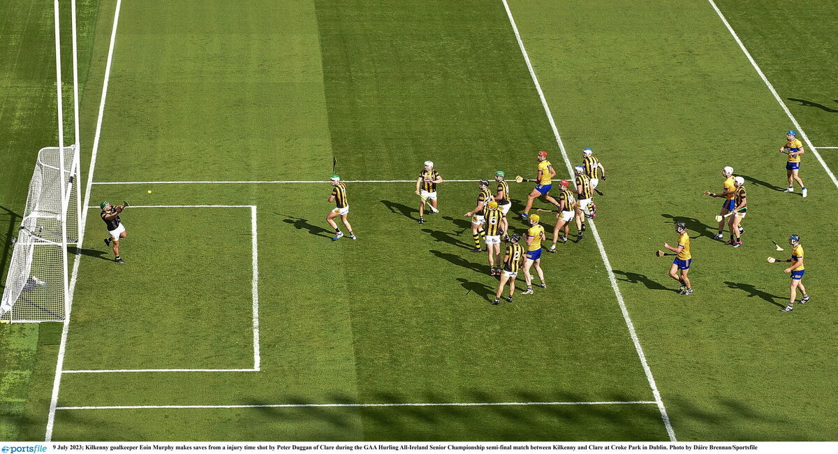 Kilkenny goalkeeper Eoin Murphy makes saves from an injury-time shot by Peter Duggan of Clare. Picture: Dáire Brennan/Sportsfile