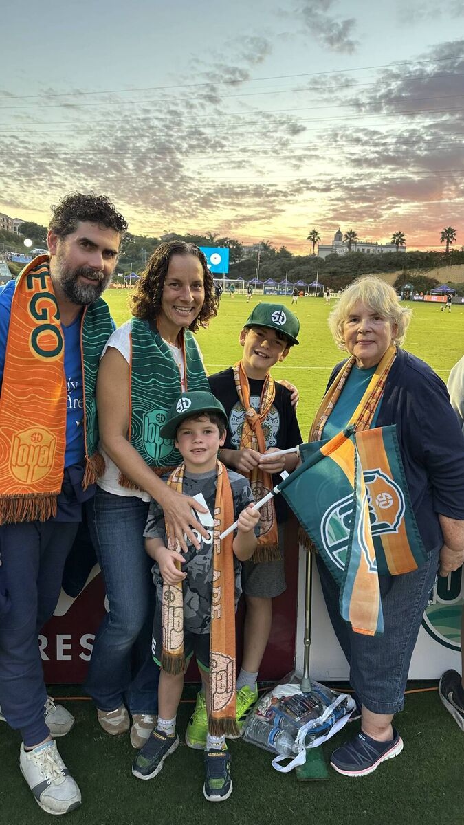 Máirtín de Cógáin , Mitra, Finn &amp; Milo with Máirtín’s Mother in Law Patricia Tabidian at the San Diego Loyals soccer game. 