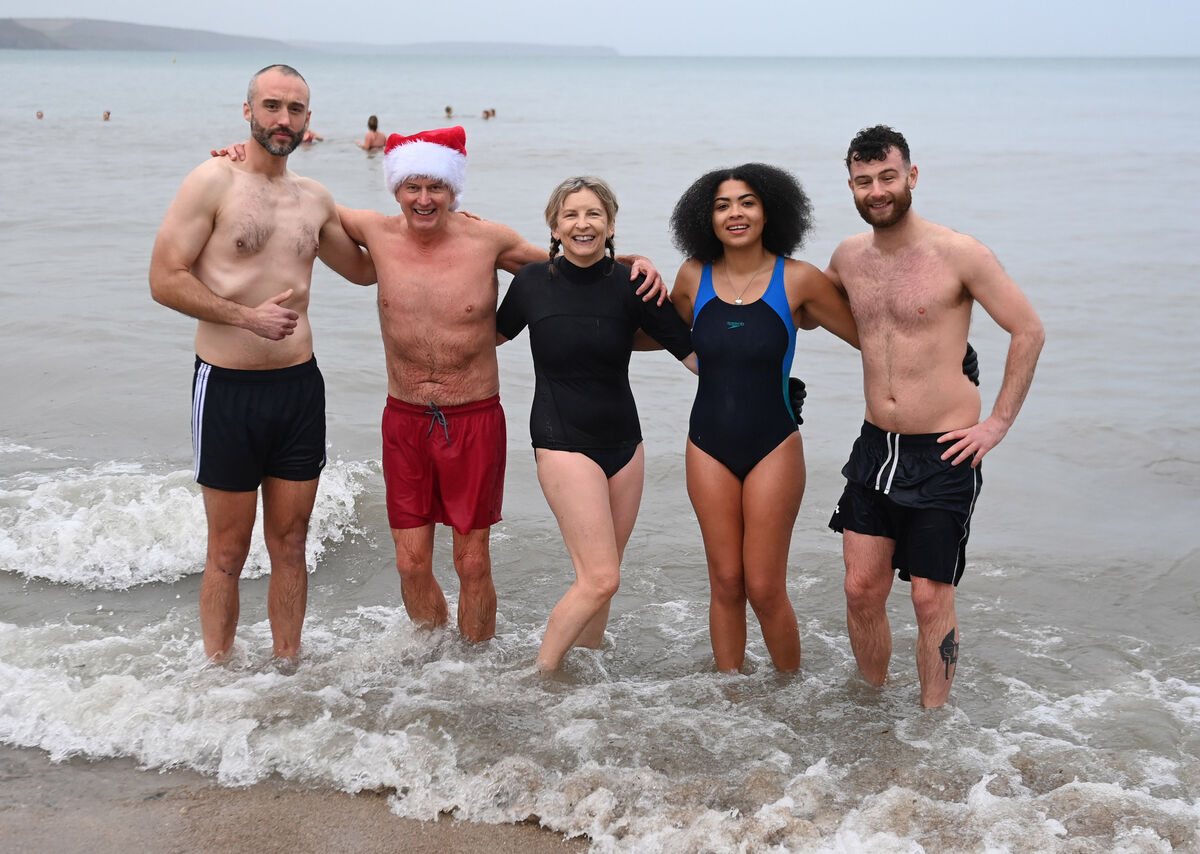 Kyle O'Dwyer, Shay, Collette and James O'Dwyer and Yenneah O'Connell from Ballintemple at the Christmas swim at Myrtleville in Co. Cork . Picture: Eddie O'Hare
