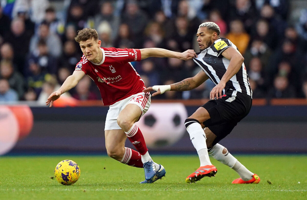 Nottingham Forest's Ryan Yates and Newcastle United's Joelinton (right) battle for the ball during the Premier League match at St. James' Park, Picture: Owen Humphreys/PA Wire