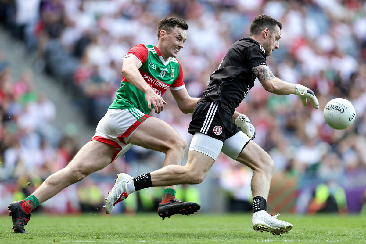 Tyrone goalkeeper Niall Morgan and Diarmuid O’Connor of Mayo in action at Croke Park. Picture: INPHO/Laszlo Geczo