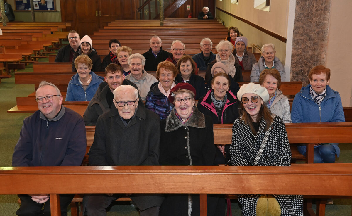  Mícheál and Maighréad Ui Lionáird who celebrated their 70th wedding anniversary at a mass at St. Gobnait's Church, Ballyvourney, Co. Cork where they were married. Included is their daughter Eibhlín and grandson Jamie MacGiolla Bhríde, Fr. Seán MacCárthaigh, family and friends. Picture Dan Linehan