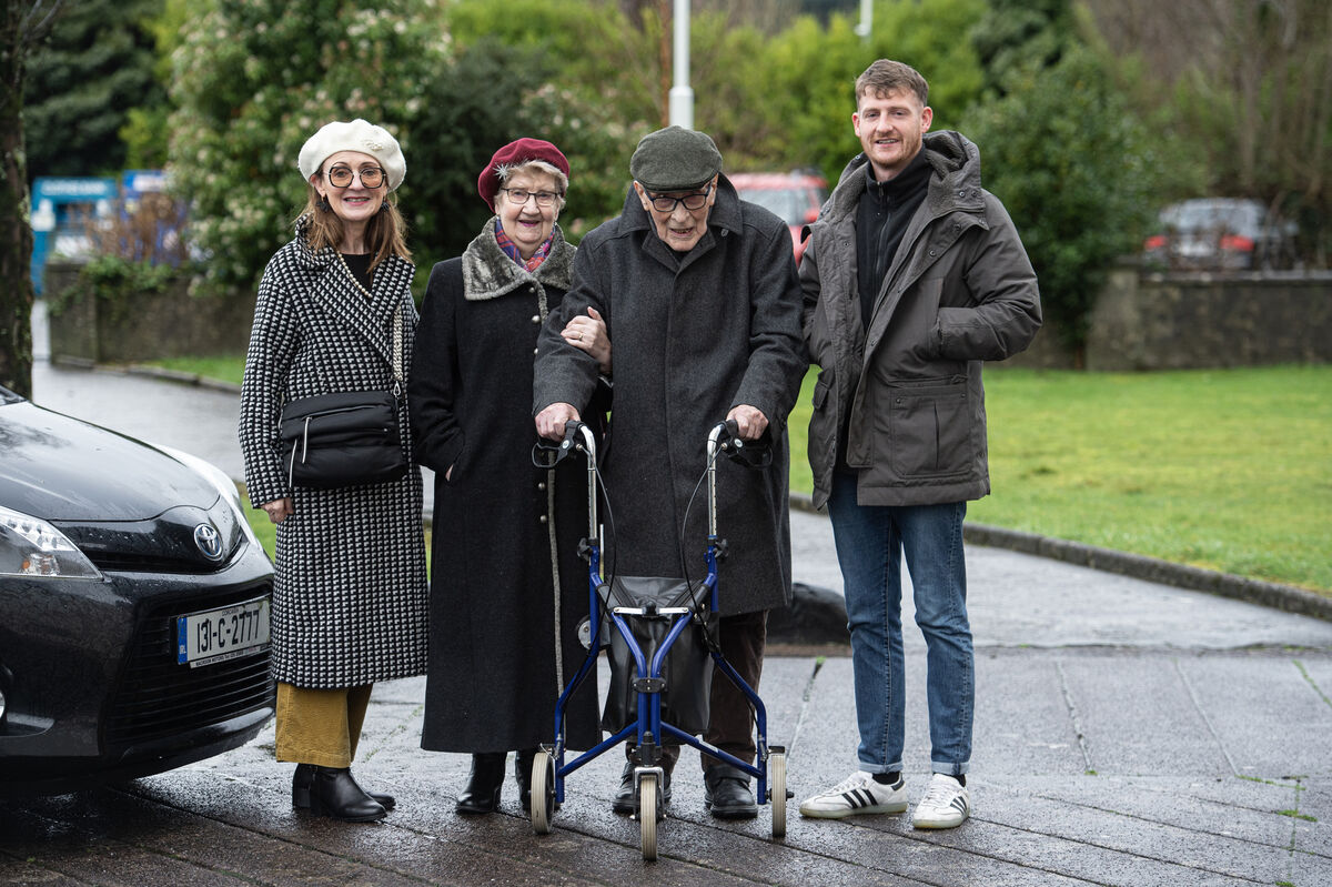 Mícheál and Maighréad Ui Lionáird who celebrated their 70th wedding anniversary at a mass at St. Gobnait's Church, Ballyvourney, Co. Cork where they were married. Included is their daughter Eibhlín and grandson Jamie MacGiolla Bhríde. Picture Dan Linehan
