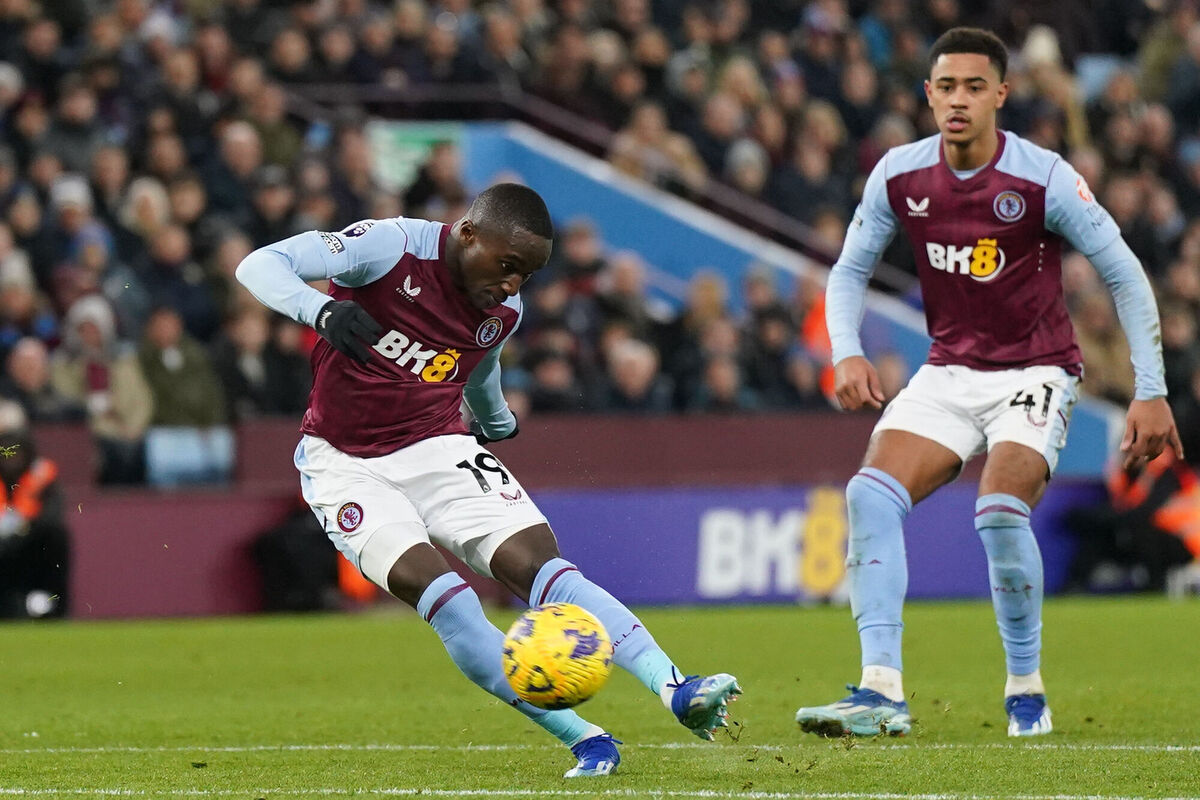 Aston Villa's Moussa Diaby (left) has a shot on goal during the Premier League match against Burnley at Villa Park, Birmingham. Picture: Jacob King/PA Wire