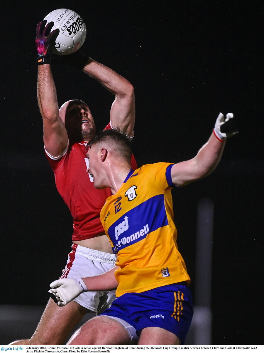 Brian O’ Driscoll of Cork in action against Dermot Coughlan of Clare during the McGrath Cup at Clarecastle. Picture: Eóin Noonan/Sportsfile Brian O’ Driscoll of Cork in action against Dermot Coughlan of Clare during the McGrath Cup at Clarecastle. Picture: Eóin Noonan/Sportsfile